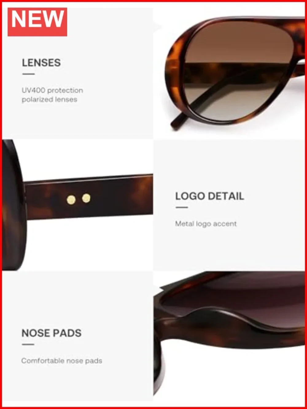 Oversized Square Aviator Sunglasses UV400 Polarized Plastic Frame